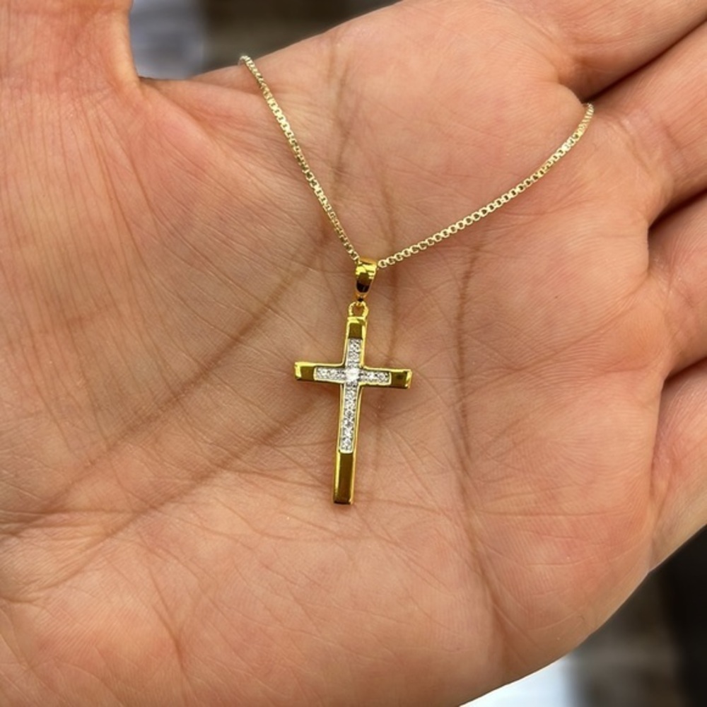 Gold plated over Sterling Silver CZ Cross 1” inch long with 16” inches box chain